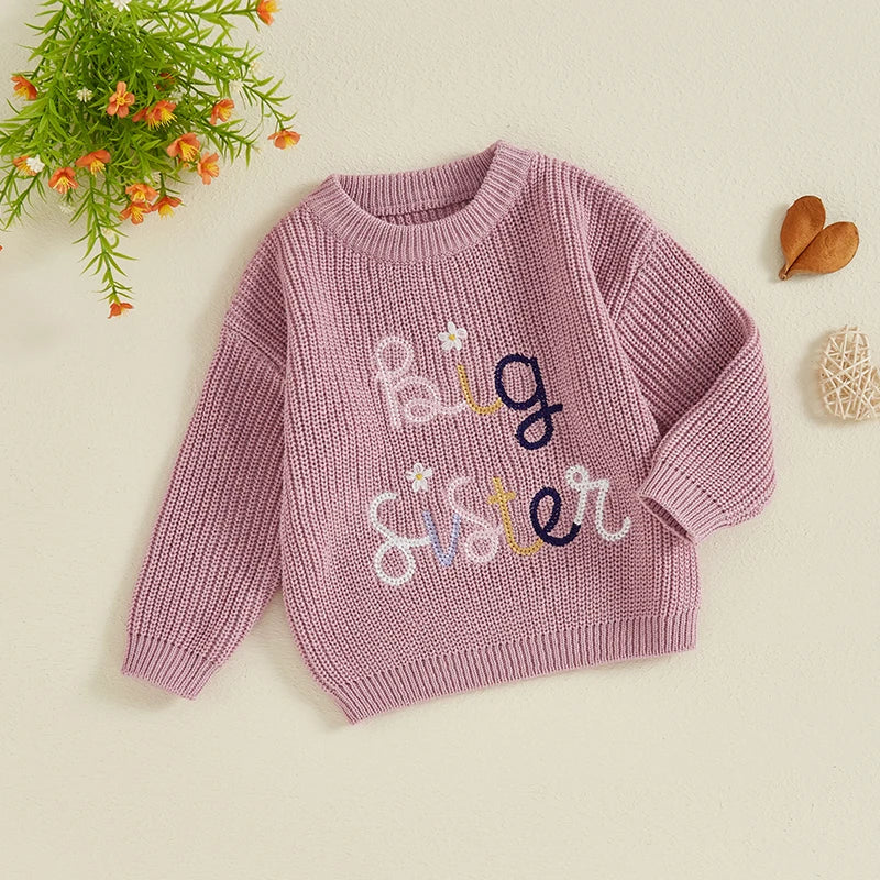 Nahiomy Girls Big Sister Fall Winter Sweater Casual Letter Flower Embroidery