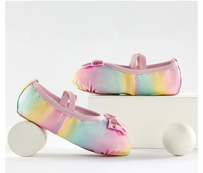Girl Ballet Shoes Glitter Split-Sole Dance Slippers Toddler Kids Practice Shoes Flats Soft Lightweight  Elastic Laces Colorful