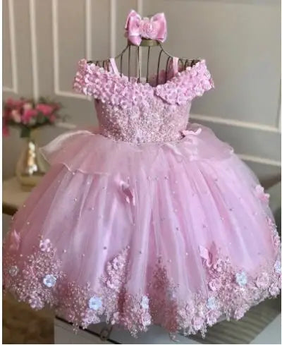 Baby Girls Dresses Off Shoulder Pearls Lace Butterflies Flower Princess Dress