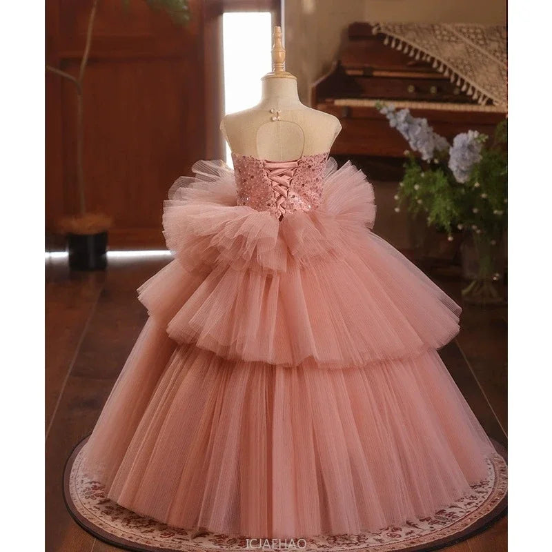 Girls Pageant Dress Stage Host Gown Kids Piano Performance Outfit Birthday Party FlowerWalking Formal Wear Girl Wedding Show