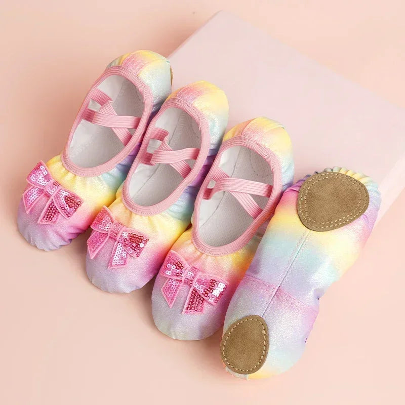 Children's Dance Shoes Girls Ballet Flats Shoes Rainbow Bow Sequins Leather Soft Soled