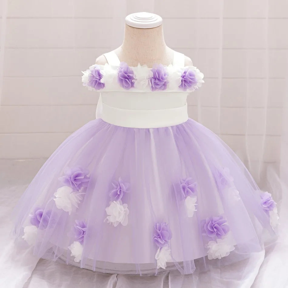 New Baby Girls 1st Princess Dress Infant Three-dimensional Flower One-word Shoulder Mesh Dress Baby Girl Performance Dress ASQ03