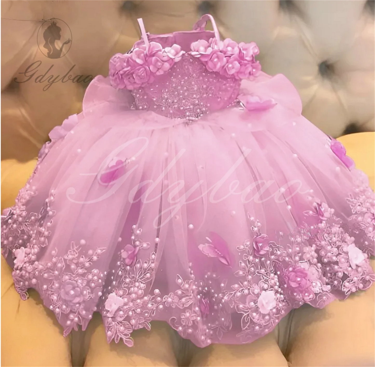 Baby Girls Dresses Off Shoulder Pearls Lace Butterflies Flower Girl Dress