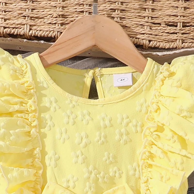 Dress For Girls Yellow O-Neck Fly-Sleeve Tulle Bowknot