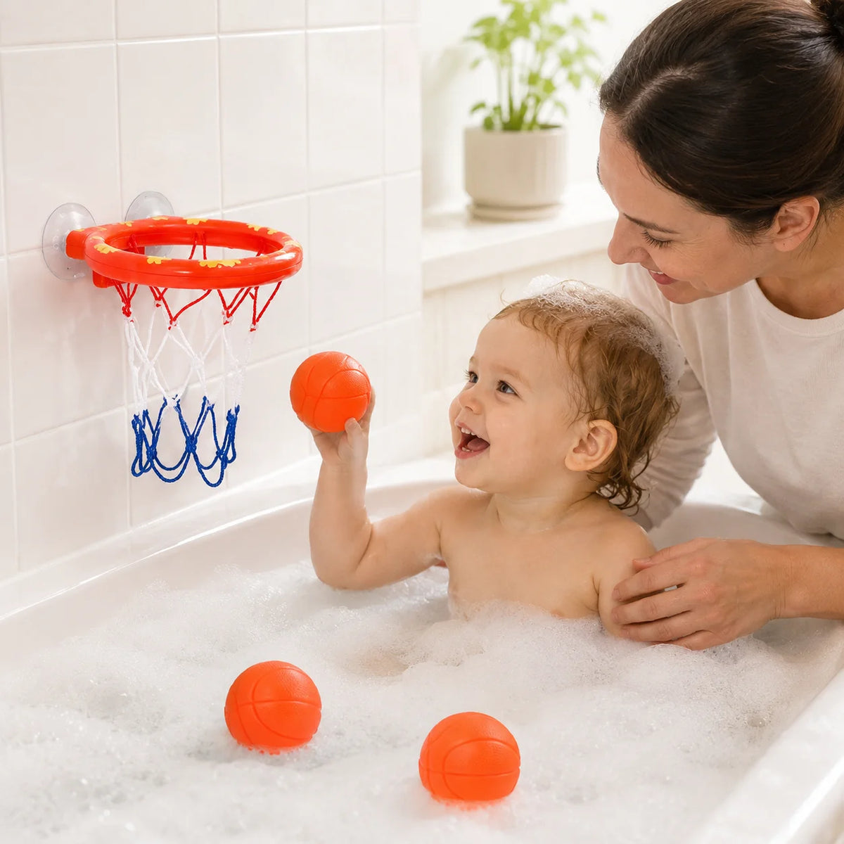 Toddler Bath Basketball Hoop Toy with 3 Soft Balls Strong Suction Cups Bathtub Shooting Game