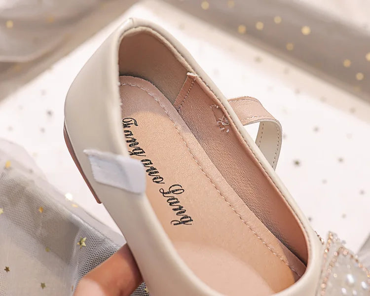 Autumn Fashion Pearl Bow Rhinestone Little Girl Shoes Flat Heels Kids Princess Shoes