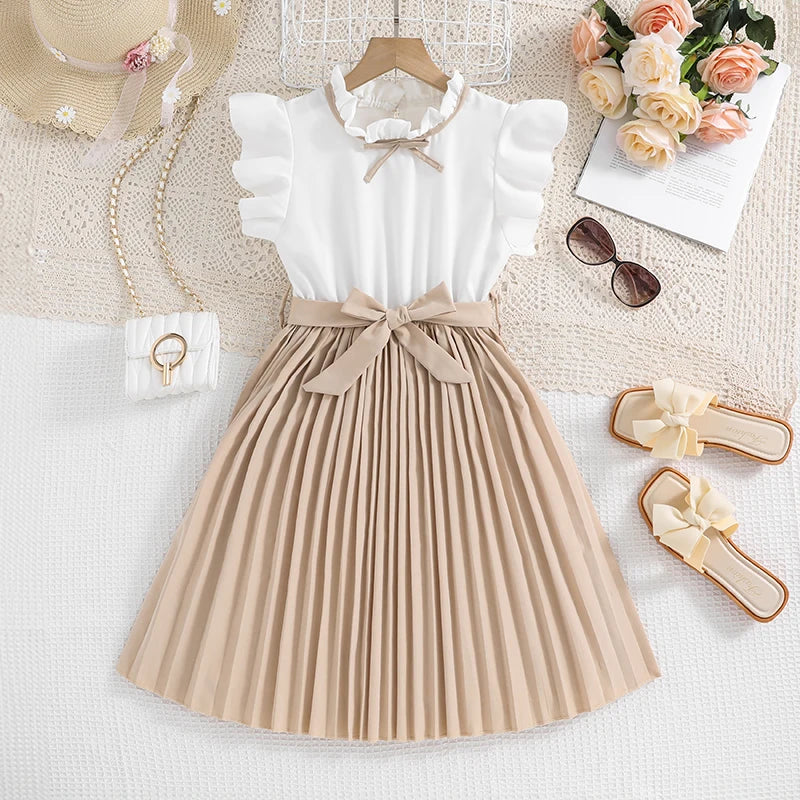 Emma Kids Dress for Girls with Pleated Skirt and Bow Tie