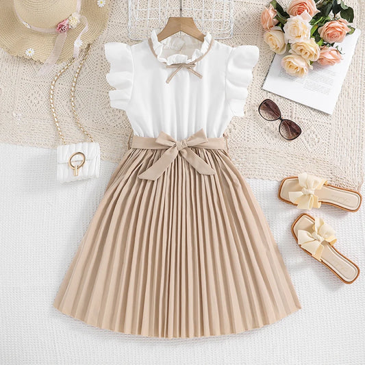 Emma Kids Dress for Girls with Pleated Skirt and Bow Tie