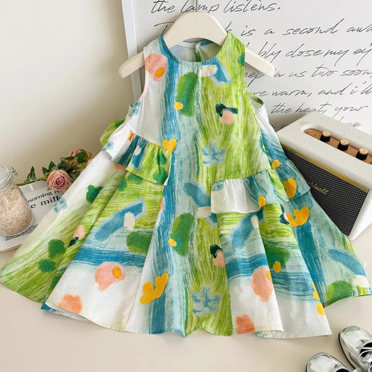 Girls Casual Dresses Flower Printing Ruffled Sleeveless Casual Dress