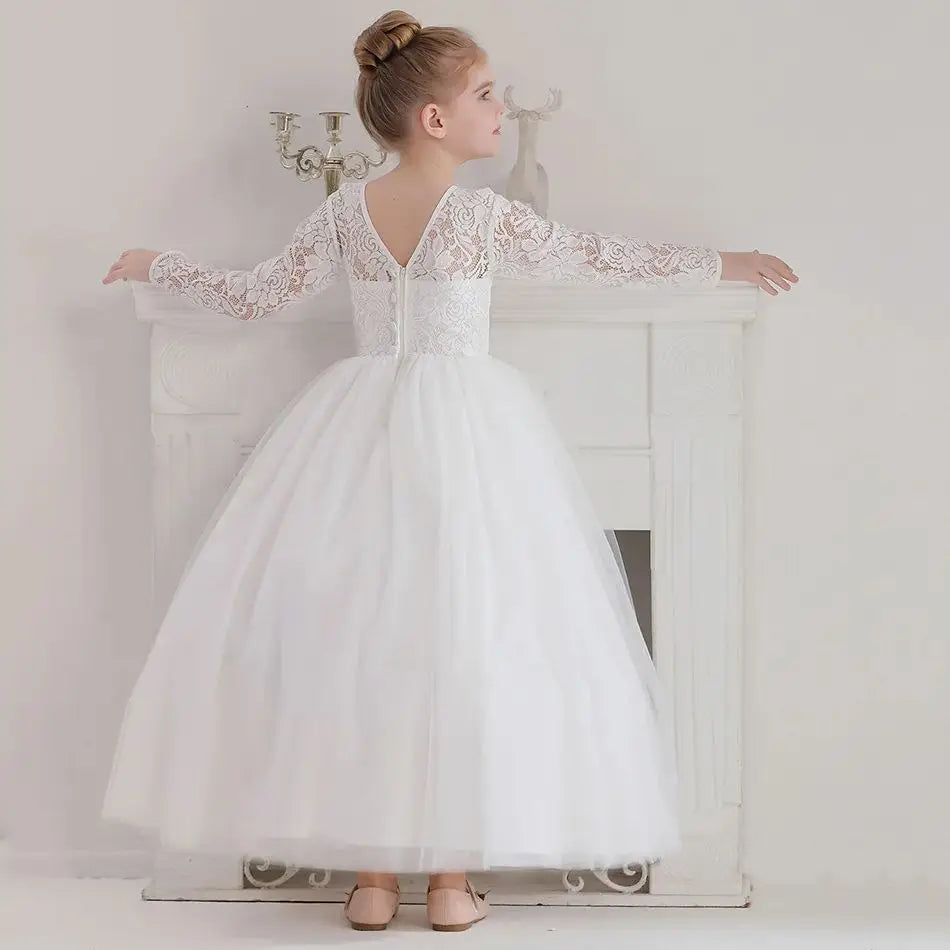Elegant White Long Sleeve Lace Flower Girl Embroidered Princess Dress