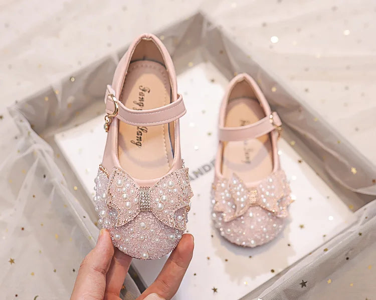 Autumn Fashion Pearl Bow Rhinestone Little Girl Shoes Flat Heels Kids Princess Shoes