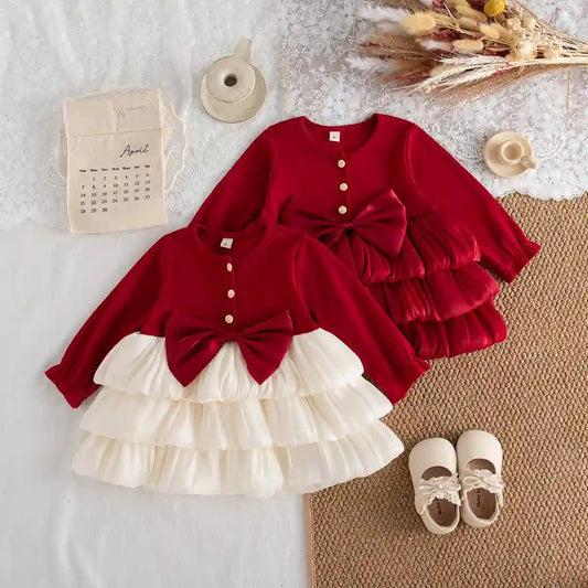 Sasha Spring And Autumn New Red Bow Baby Girl Dress