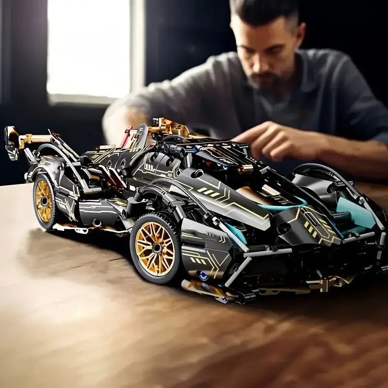 1690 Super Building Block Racing Car, V12 Building Block Car, Black and Gold Accessories, Fine Desktop Wooden Model Car, Birthday Gift