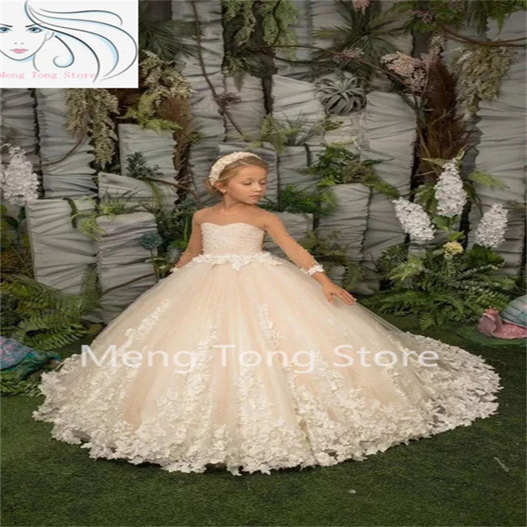 Elegance Flower Girl Dress Three Quartersleeve Appliqué Children Wedding Party Dress