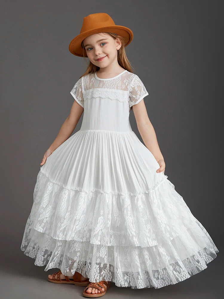 New 2024 Princess Girls Short Sleeve Lace Long Floor Dresses