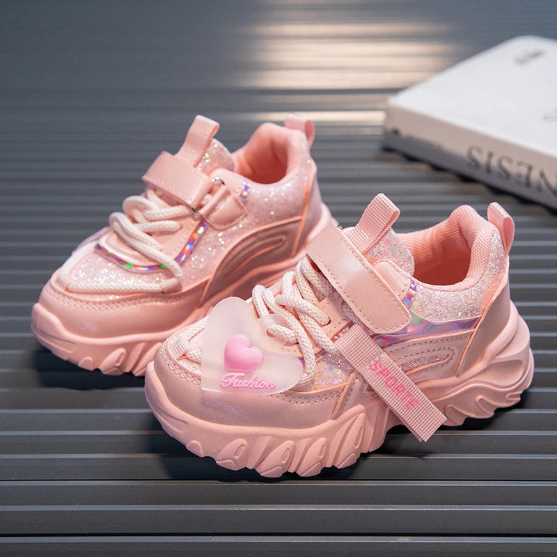 Girls Sports Shoes Kids Running Sneakers for School Fashion Cute Shiny Non-slip Children's