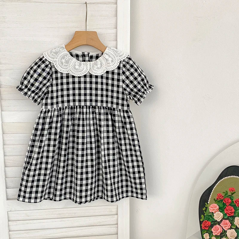 Checkered Eyelet Collar Sister Outfit