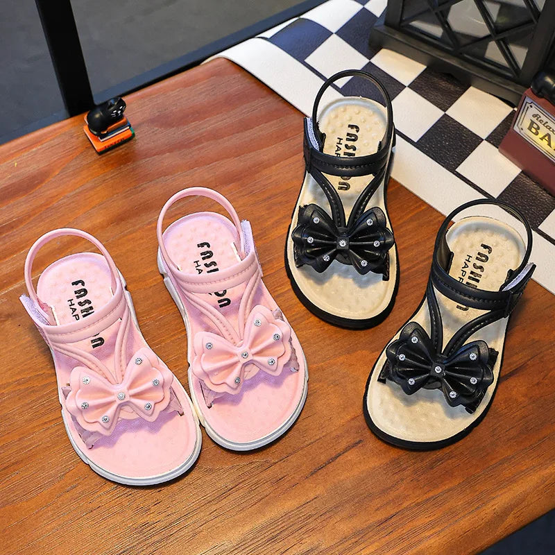 New Summer Bow Pearl Ornament Flat Sandals For Girls Aged 1-7 Children Slippers Non-slip Outdoors Seabeach Flip Flops Kids Shoes