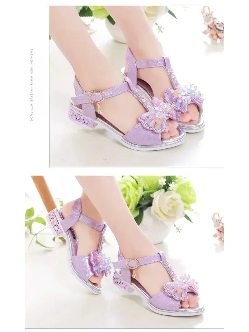 Girls Dance Shoes Non-slip Soft Sole 2025 Summer New Kids Princess Shoes T-strap Open Toes Children Sandals Sweet Bows Non-slip