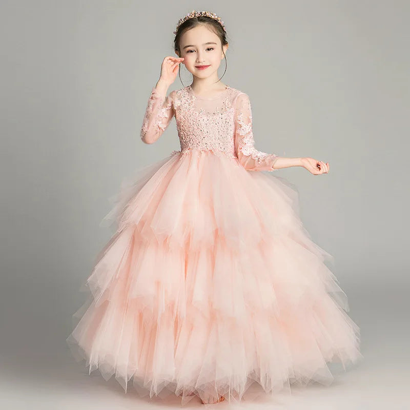 2025 Girls Catwalk Pink Flower Girl Tulle Tutu Wedding Host  Dress
