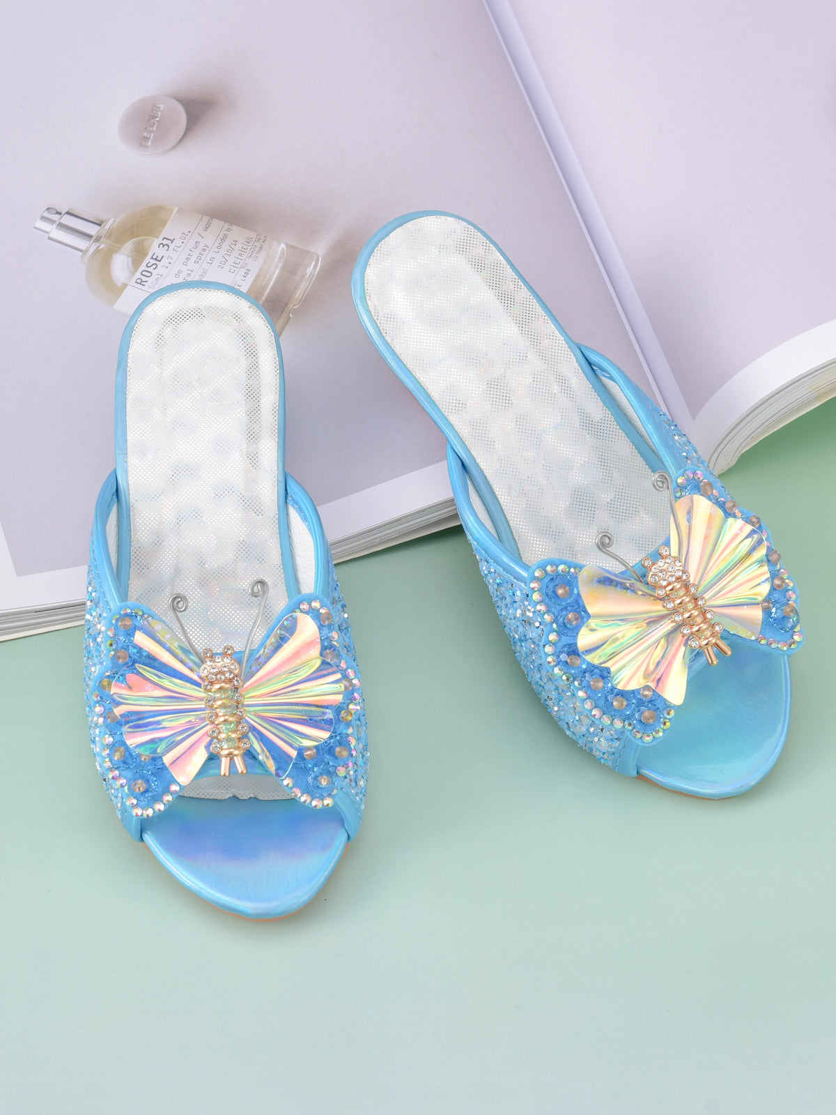 Girl's princess high-heeled slippers with bow and crystal design, children's shoes