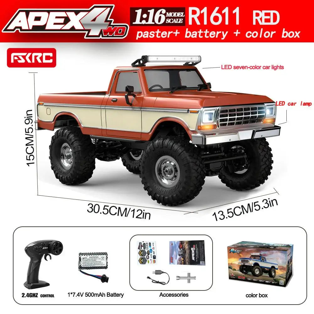 1:16 RC Car R1611 RC 4x4 Off-Road Vehicle - Full Function RC Crawler Alloy Drive Shaft  Realistic LED Headlights or Roof Light