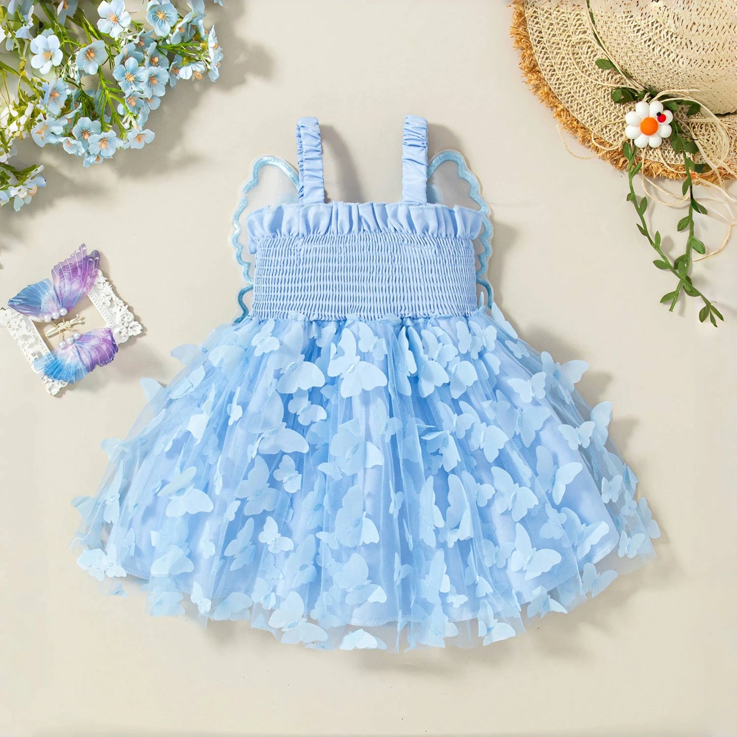 Summer New Baby Girl Suspender Dress Solid Color Butterfly Wing Party Dress