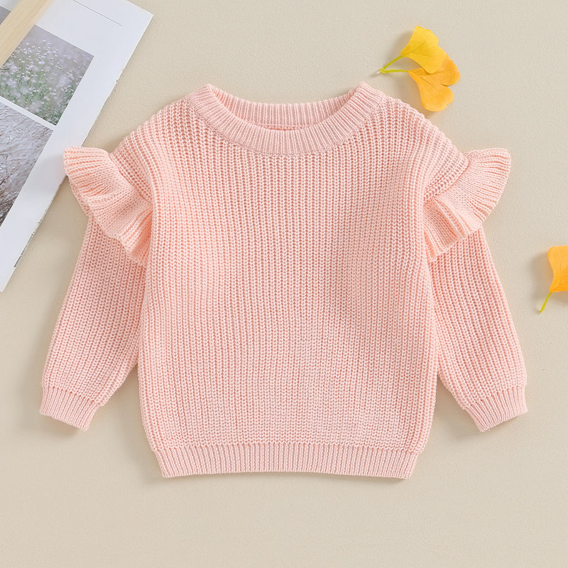 Basley Girls Sweater Solid Color Ruffle Long Sleeve Knit