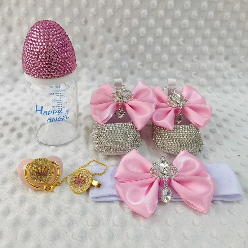 Dollbling Baroque Pink Rhinestones Baby Girl Shoes First Walker Headband Set Sparkle Crystals Princess Shoes Baby Shower SH3