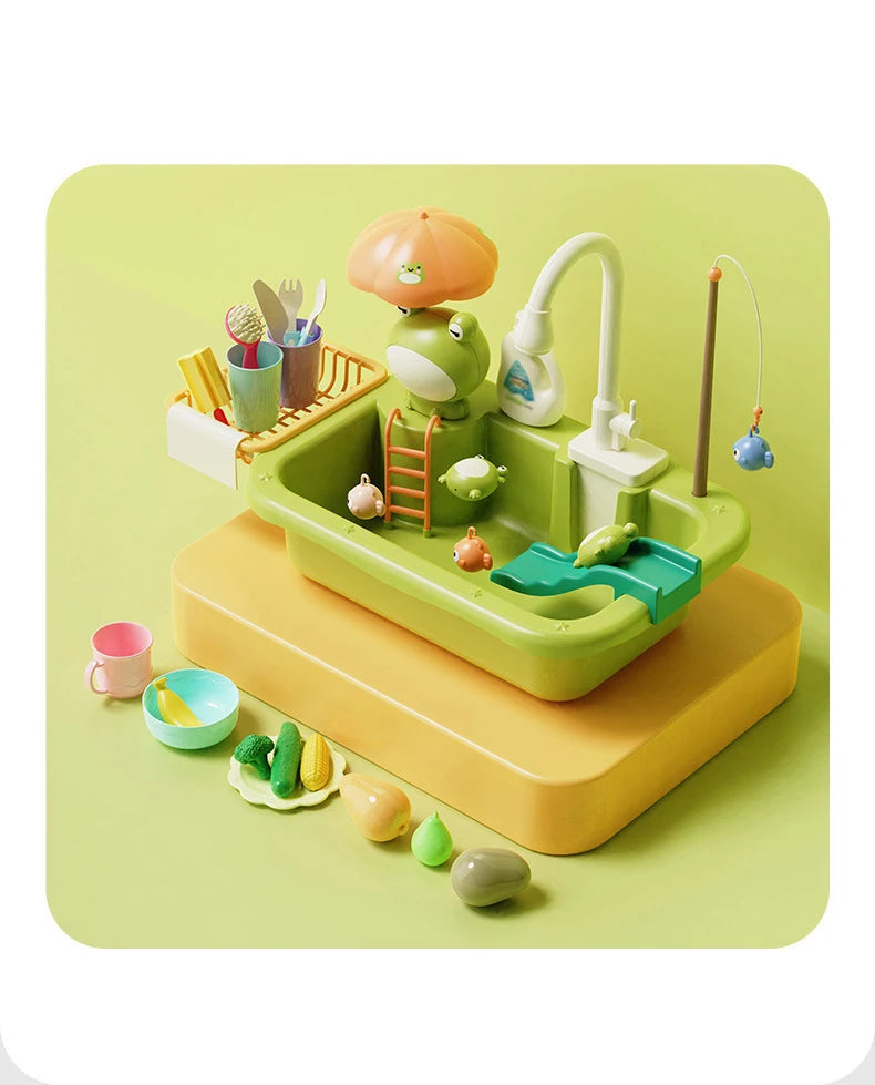 Kids Kitchen Sink Toys Electric Dishwasher Playing Toy with Running Water Pretend Play Food Fishing Toy Role Playing Girls Gifts