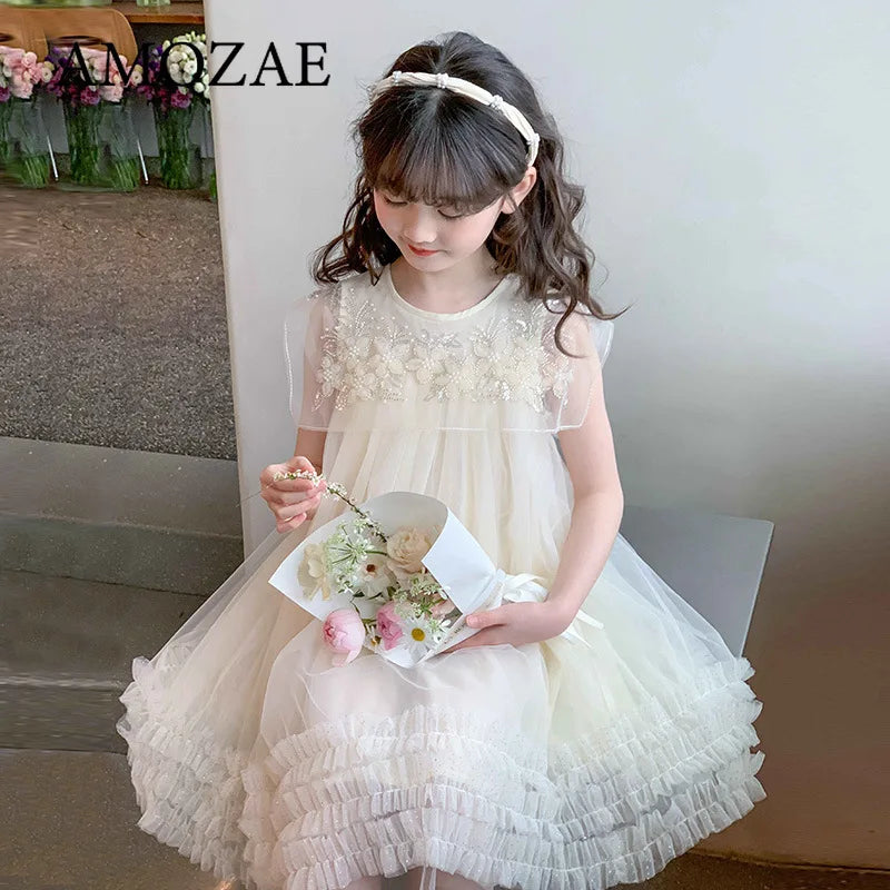 Summer Dress for Girls with Flying Sleeves Three-dimensional Flower Mesh