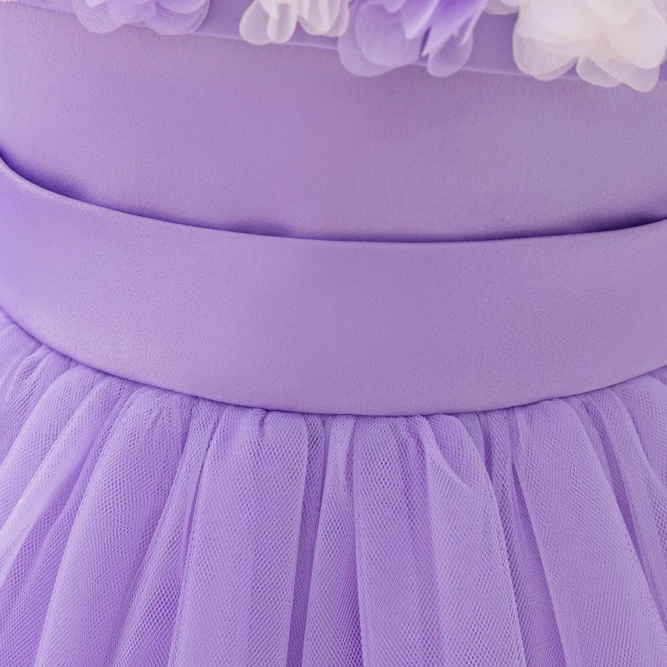 New Baby Girls 1st Princess Dress Infant Three-dimensional Flower One-word Shoulder Mesh Dress Baby Girl Performance Dress ASQ03