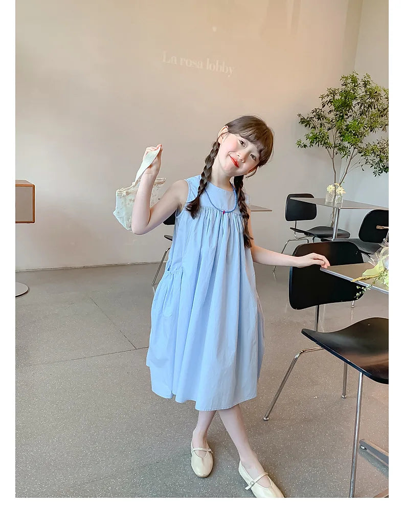 Ana Summer Junior Girl Sleeveless Dress Solid Side Cotton Dress