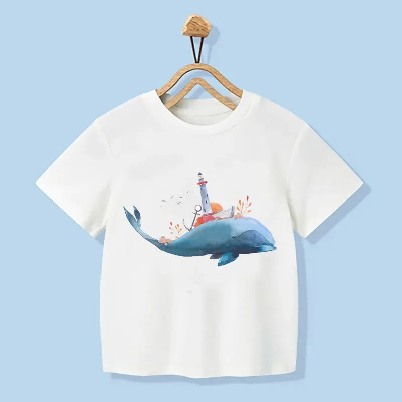 Joseph Whale Print Cartoon Kids Tees