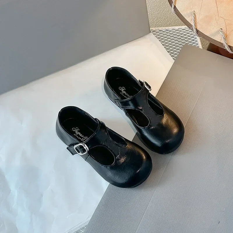 Girls Princess Shoes Black Round Toes 2025 New Fashion Kids Performance Shoes Pu Leather Non-slip Children Flat Shoes Hook&loop