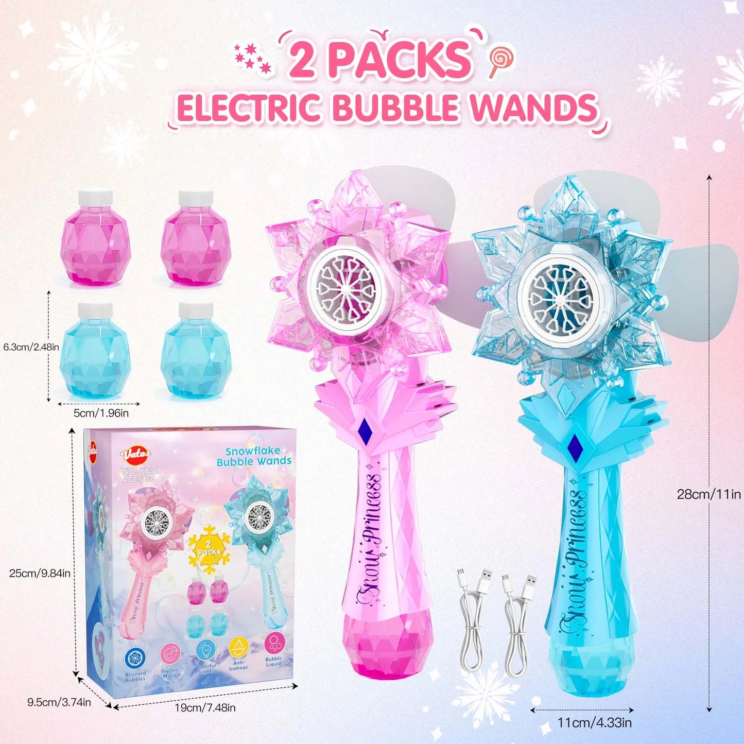 VATOS Recharge Bubble Wand X2 for Kids Girls Boys LED Electric Auto Snowflake Bubble