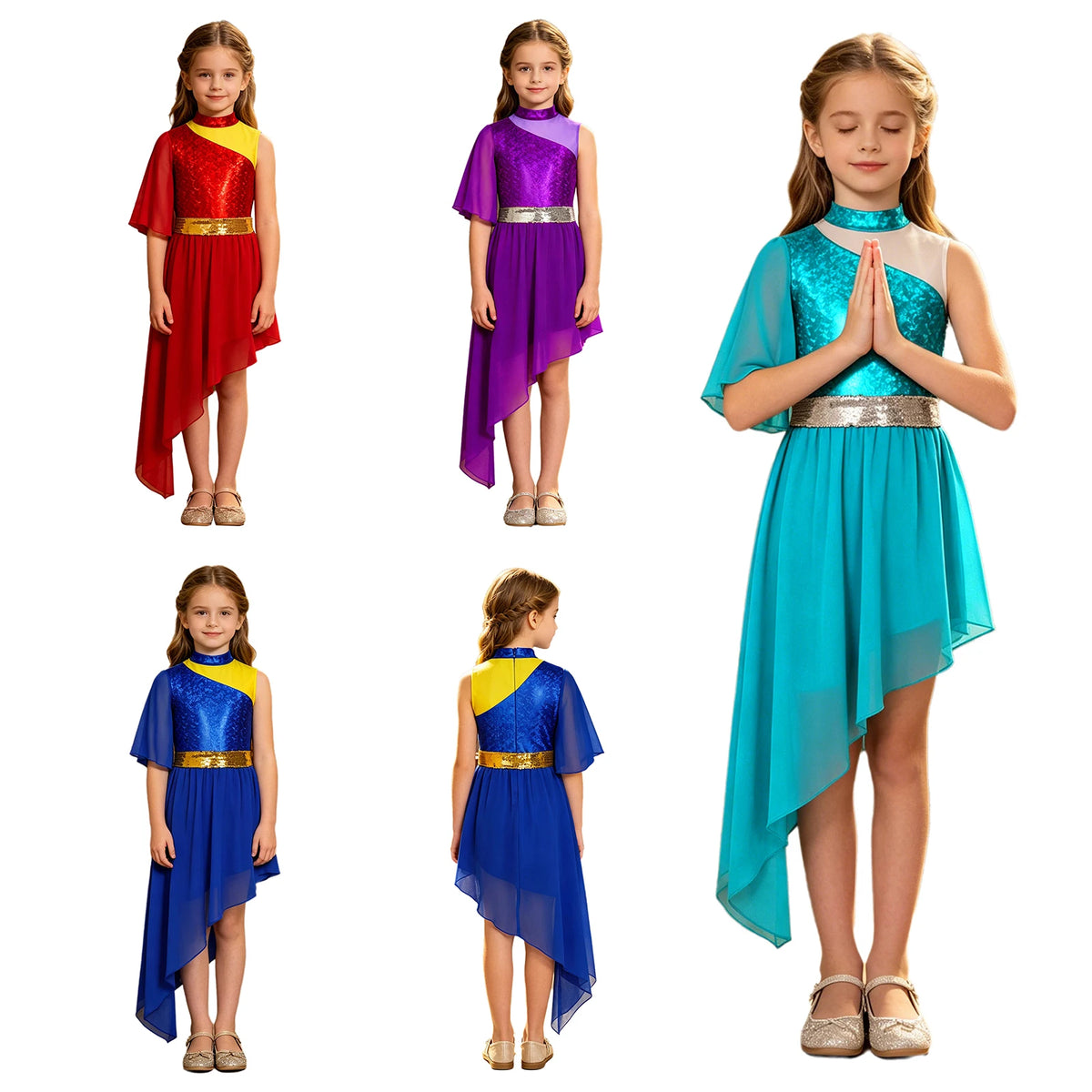 Kids Girls Lyrical Contemporary Worship Liturgical Praise Dance Dress Flare Sleeve Sequin Splice Dress Performance Costume