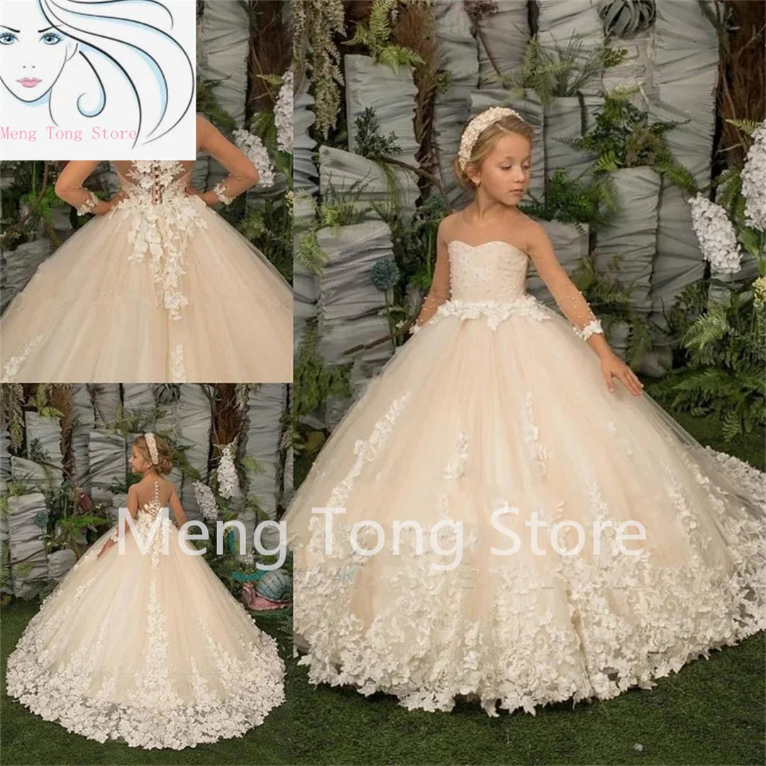 Elegance Flower Girl Dress Three Quartersleeve Appliqué Children Wedding Party Dress