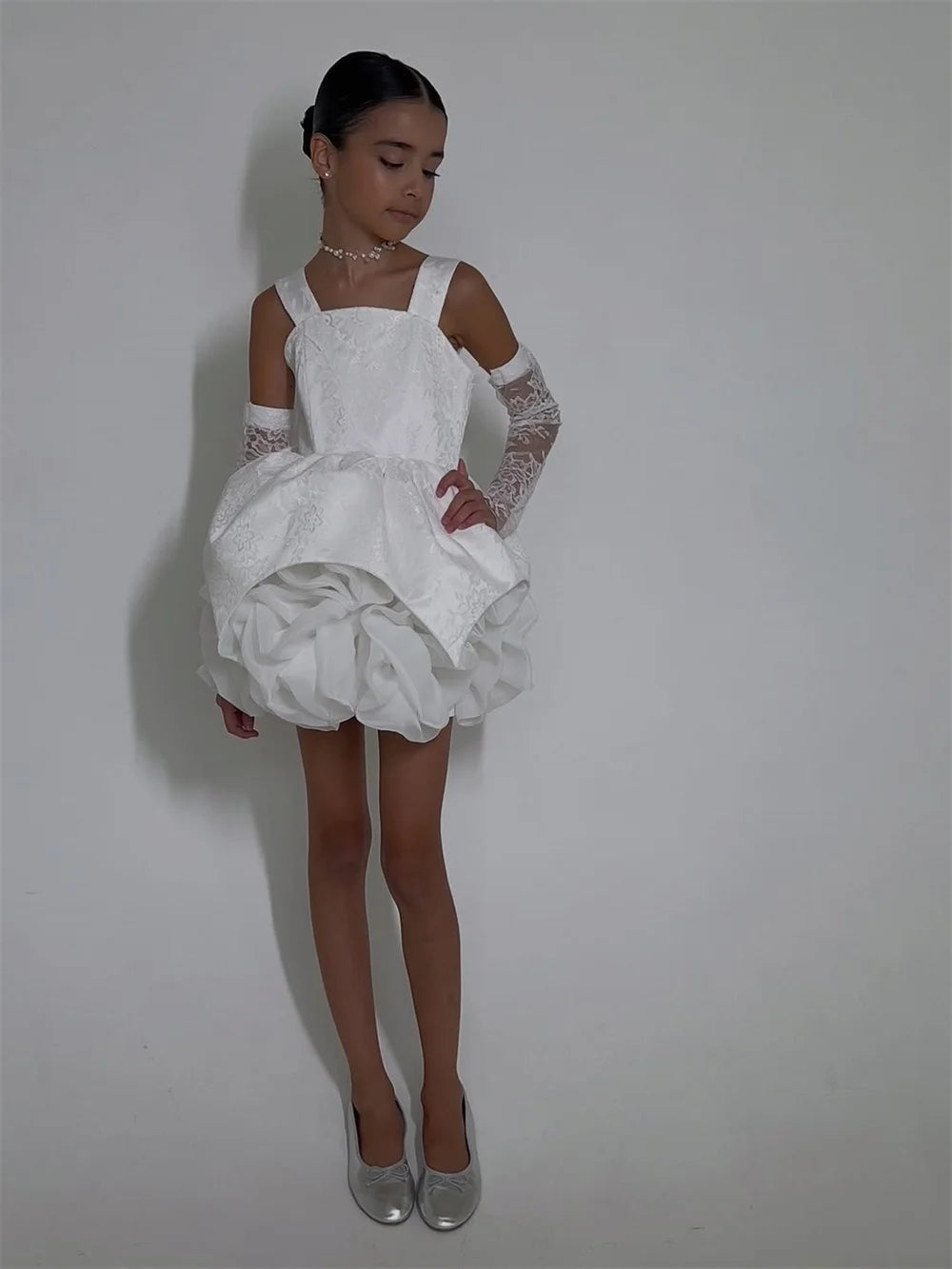 Lace Flower Girl Dress Puff Girls Party Dresses for Wedding Full Sleeves Satin Dress