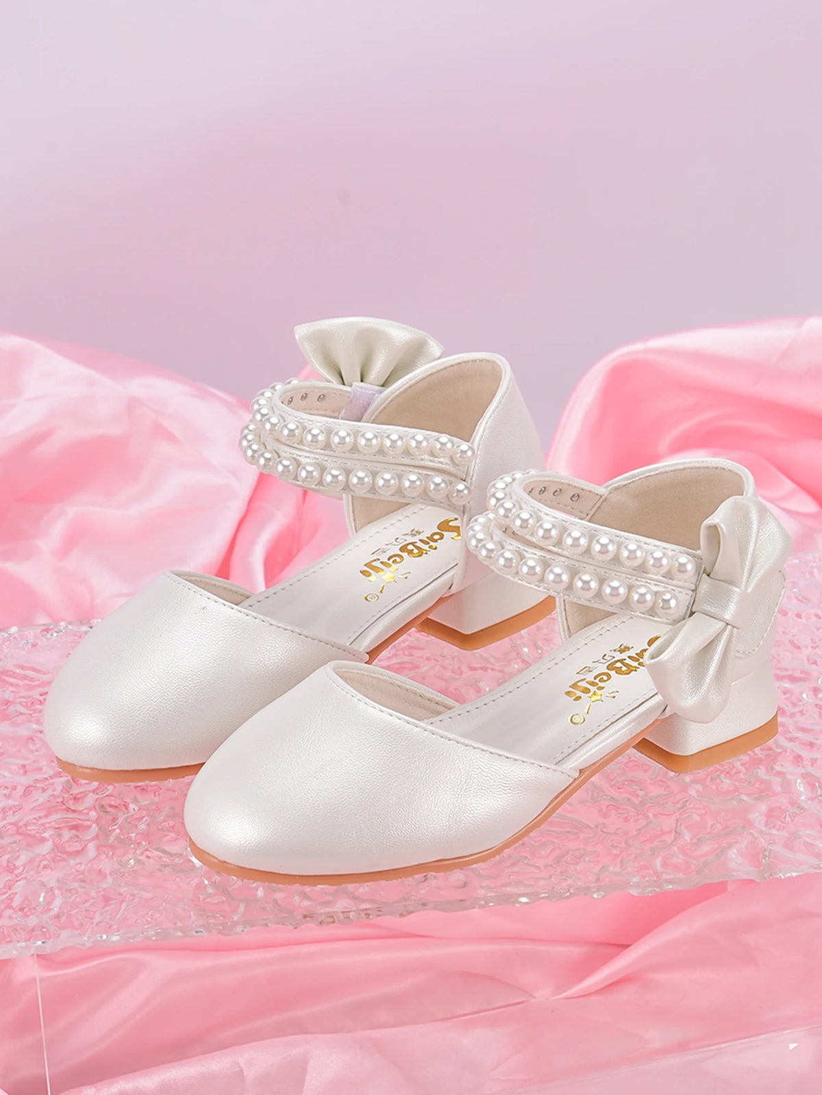 Children's Princess Shoes For Girls, Spring/Summer White Shoes With High Heels And Pearls For Big Kids