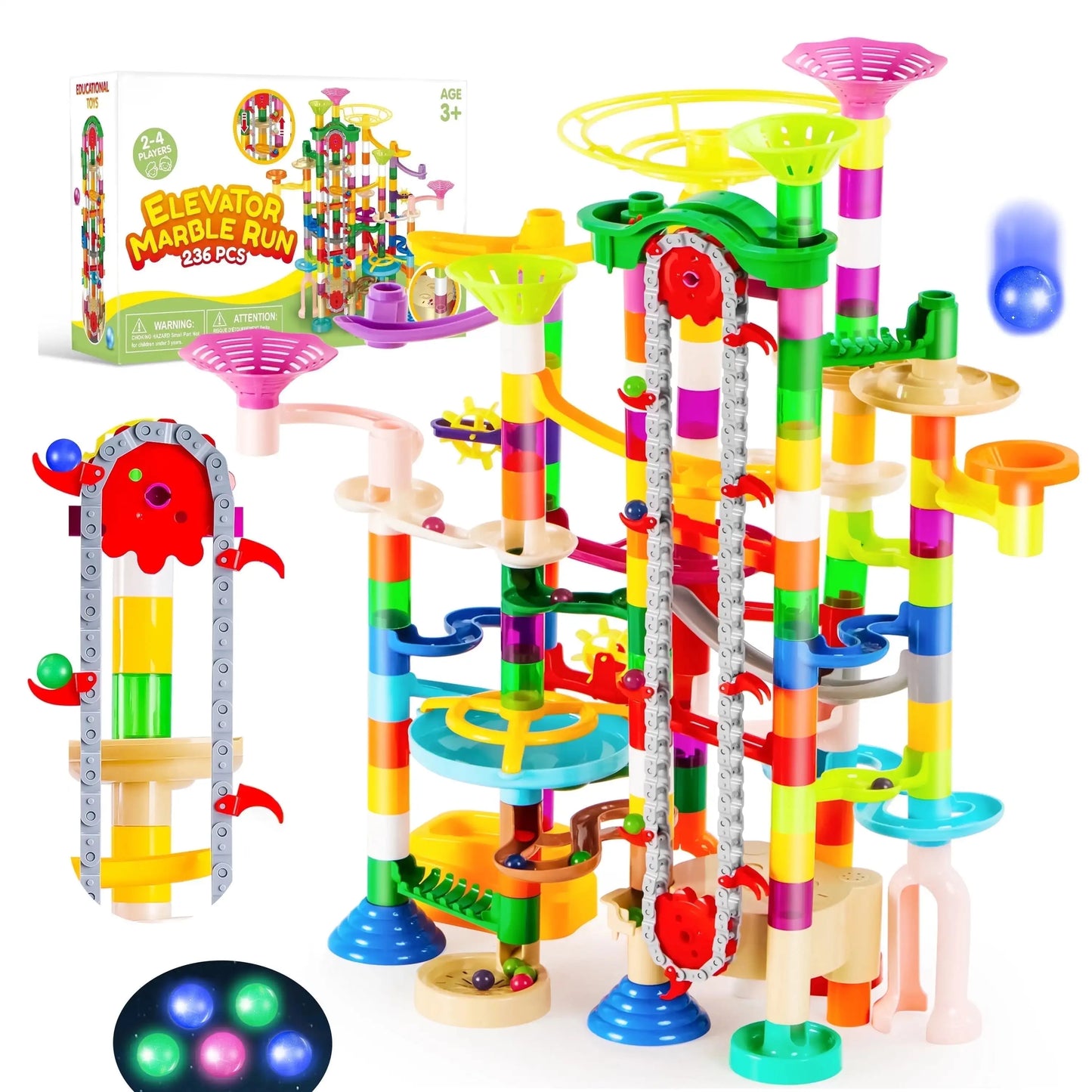 Joyfy 236 Pcs Glowing Marble Run with Motorized Elevator