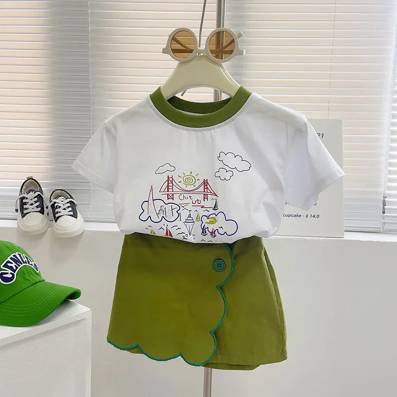 Angelica Girls Clothing Summer Short Sleeve Children Two Piece Set - GuGuTon baby store - Baby Fashion - Toddlers Outfits - Babies Outfits - Toddler Clothes - Kids Clothing - Newborn Clothes - Newborn Wear - Kids Wear - Trending Clothes - Trending Outfits - Fall Fashion - Winter Fashion - Girls Clothes - Boys Clothes - Babies Wear - Kids Accessories - KidsWear - Summer Clothes - Summer Fashion - Summer Trend - Falls Sweaters - Tops - Bottom - Jeans - Blouse - Dresses - Newborn Dresses - Toys