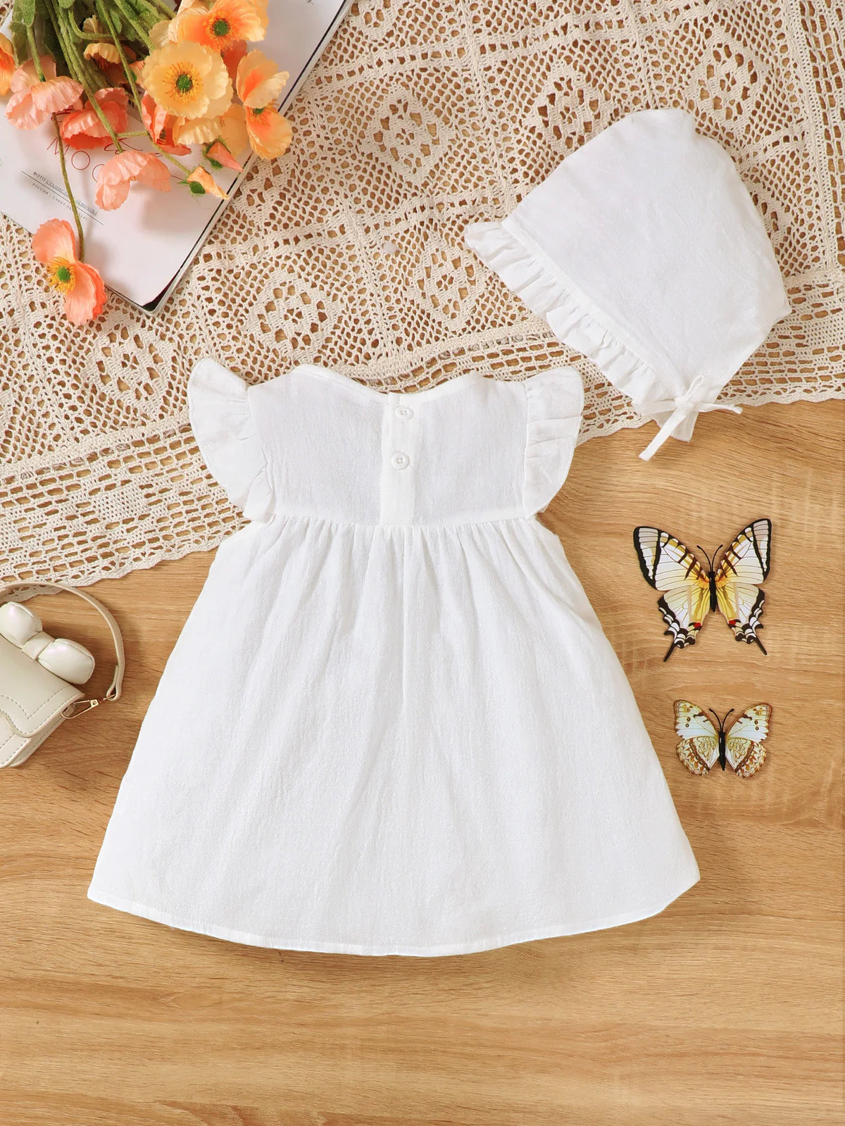 Baby Girl Christening Dress Set round Neck with Little Fly Sleeve Dress And Hat Two-Piece Casual Cute Dress for Girls