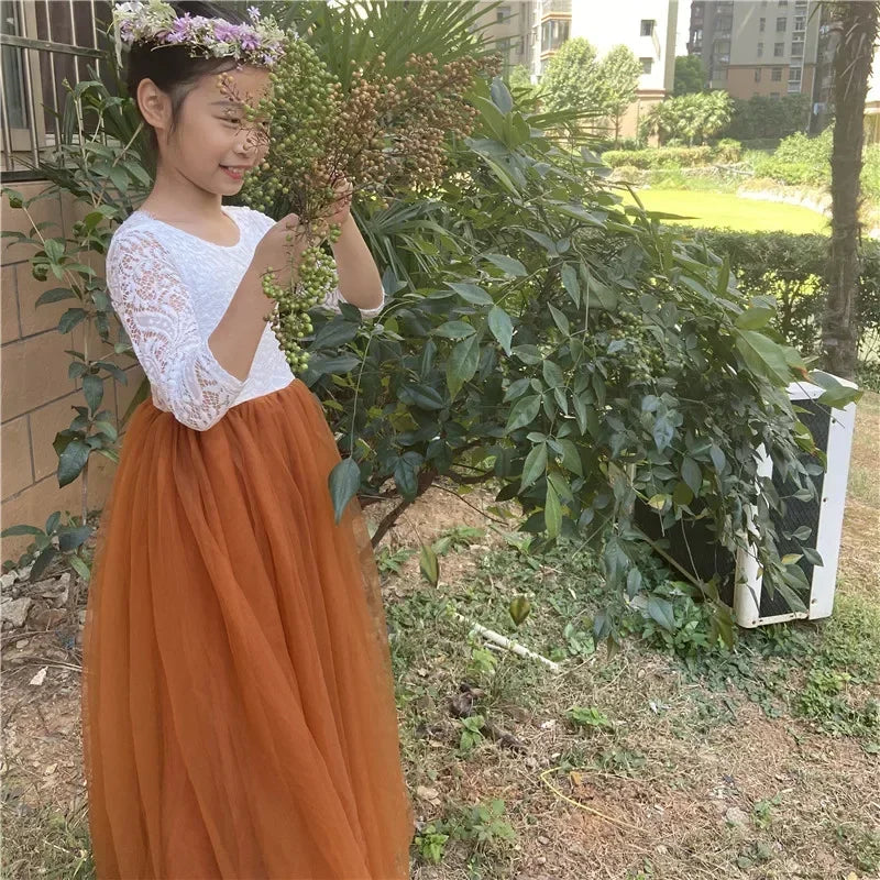 Elegant Burnt Orange Lace Tulle Dress for Flower Girls Bridesmaid Wedding