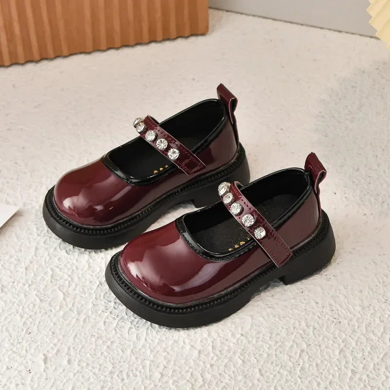 Girls Performance Shoes Round Toes Glossy 2025 Spring Autumn Kids Leather Shoes Pu Soft Sole Girls Flat Shoes Non-slip Ins Trend