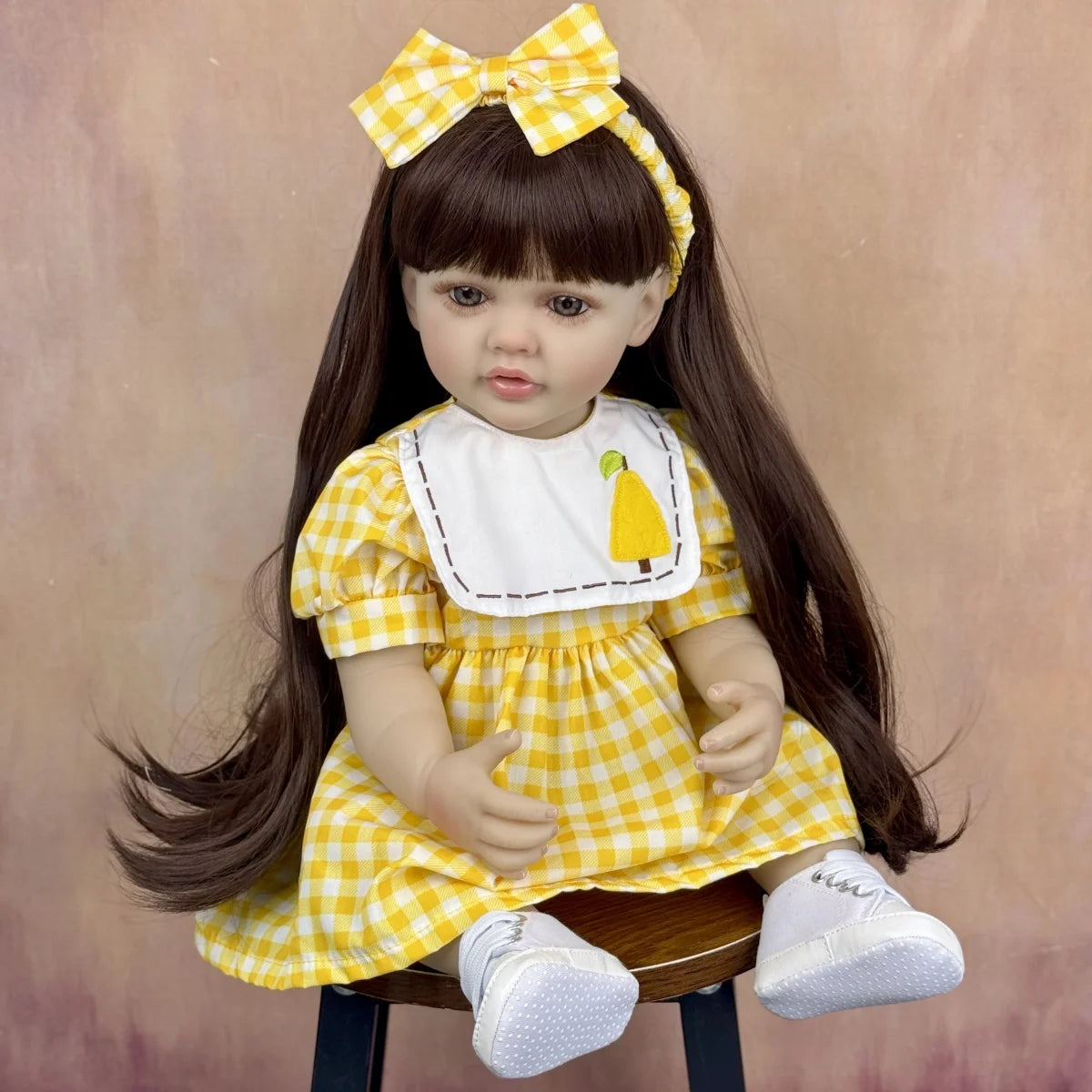 BZDOLL 55 CM Full Vinyl Body Reborn Baby Doll Toy Dress Up Brown Long Hair Princess Toddler Sweet Doll Handmade New Year Gift