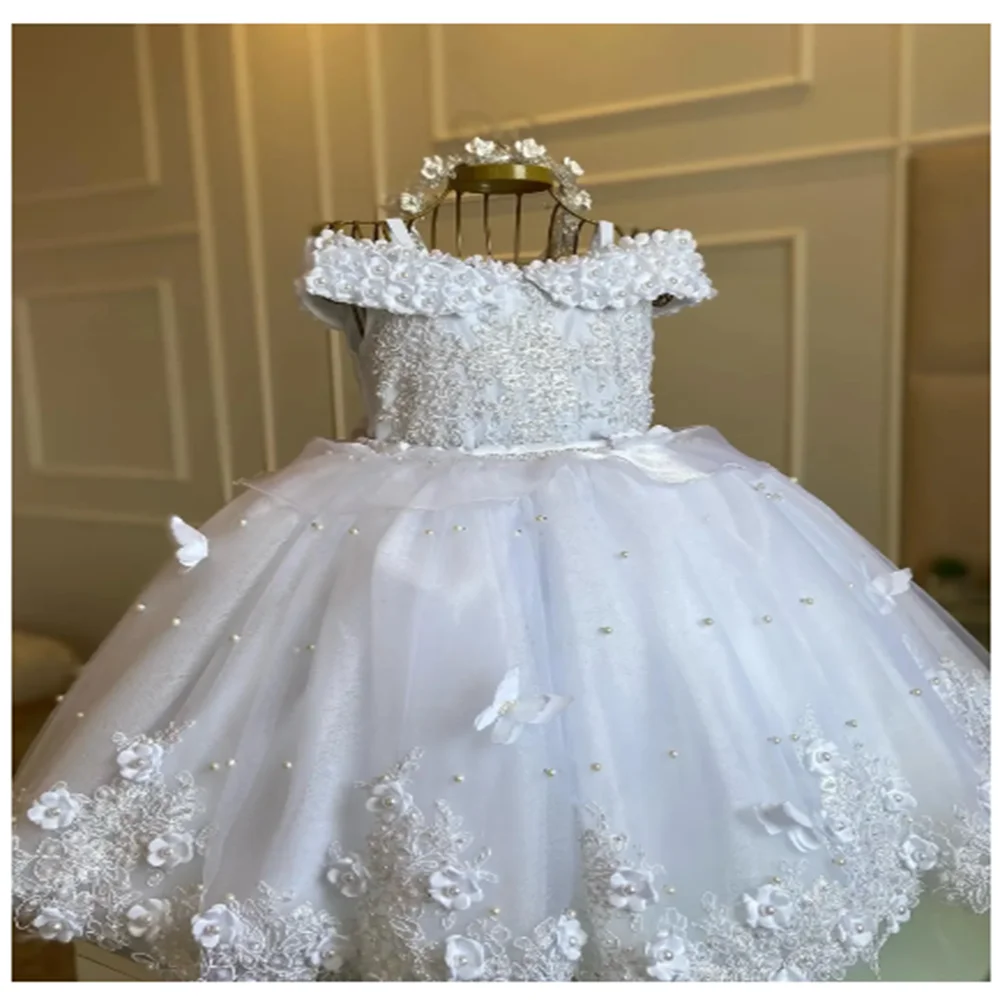 Baby Girls Dresses Off Shoulder Pearls Lace Butterflies Flower Princess Dress