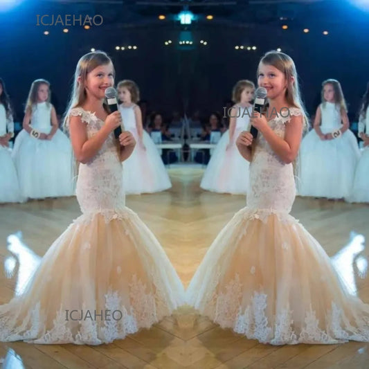 Baby Flower Girl Dress Kids Lace Long EveningGown Bridesmade Prom Mermaid Frocks