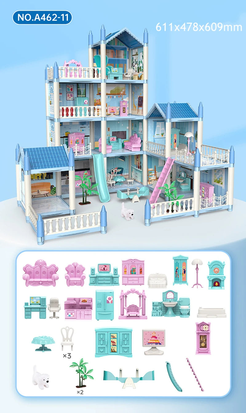 Girls Toddler Doll House - Large Doll House with 4 Dolls, Furniture, Accessories, LED Lights, 4 Stories Princess Dream House Toy