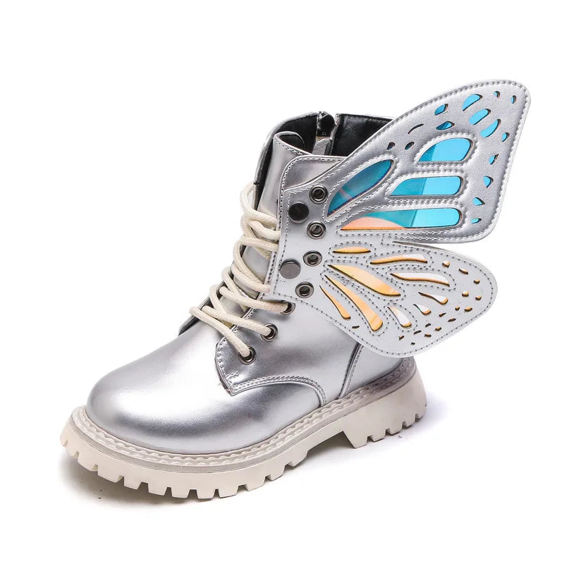 Girls Boots 2025 New Autumn Winter Fashion Butterfly Princess Botas Casual Non-slip Ankle Boots Silver Patent Leather Kids Shoes